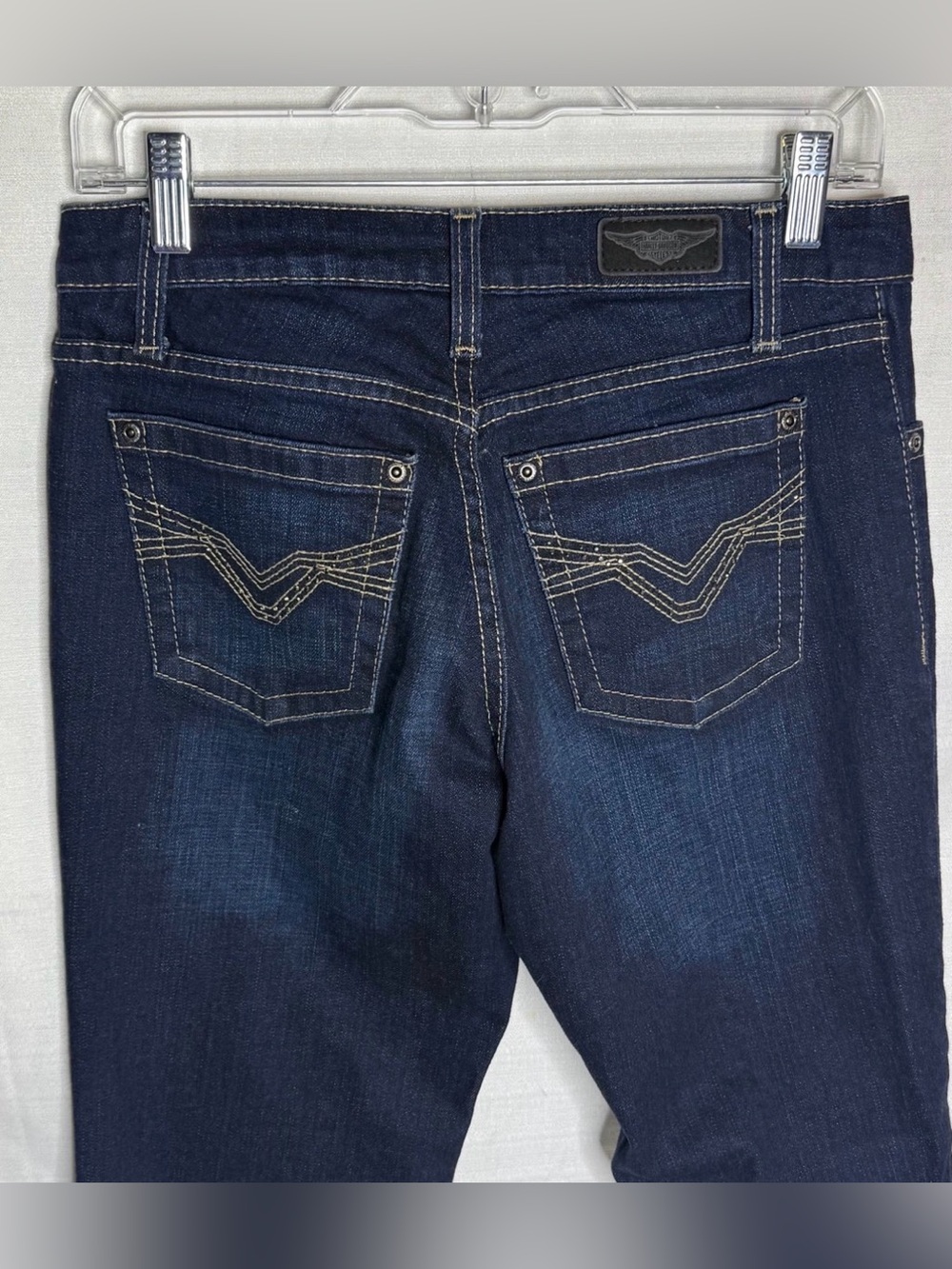 Harley Davidson Womens Bootcut Leg Dark Wash Whiskers Jeans Blue 4 - Picture 7 of 12